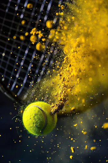 Une balle de tennis heurte une raquette, provoquant une explosion de poudre jaune tout autour. La scène dégage une énergie dynamique et un mouvement intense sur fond sombre.
